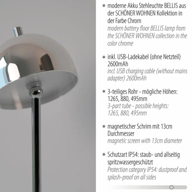 SCHÖNER WOHNEN-Kollektion Außenstehleuchten|Außenstehleuchten-Akku-Stehlampe Bellis Chrom