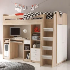 BEGABINO Kinderbetten|Kinderbetten-Hochbett Unit 90 x 200 cm Eiche Weiß
