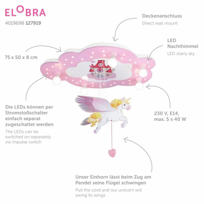 ELOBRA kids Kinderlampen|Kinderlampen-Kinderlampe Schloss mit Einhorn Rosa