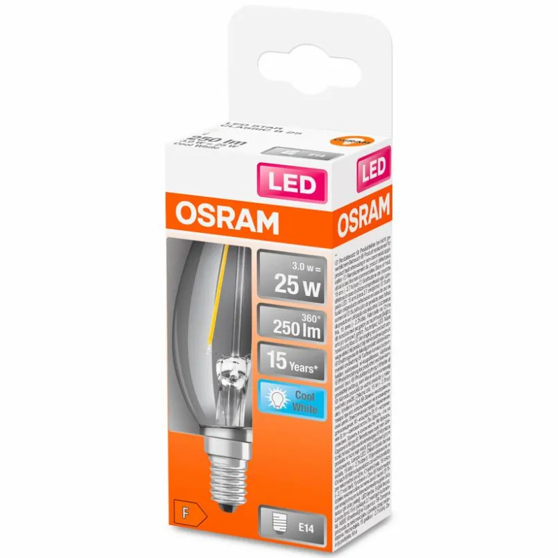 E14|Osram LED-Kerze E14/2,5 Watt/Energie F Transparent