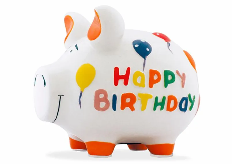 Dekodosen-Spardose Happy Birthday 17 x 15 cm Weiß