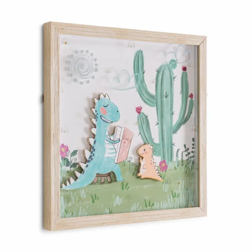 Bilder Mit Rahmen|Bilder Nach Themen| Wandbild 32,6 x 32,6 cm Kaktus mit Dino I Grün