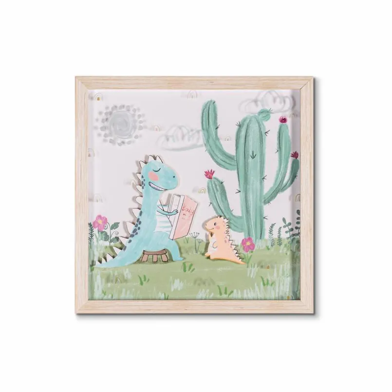 Bilder Mit Rahmen|Bilder Nach Themen| Wandbild 32,6 x 32,6 cm Kaktus mit Dino I Grün